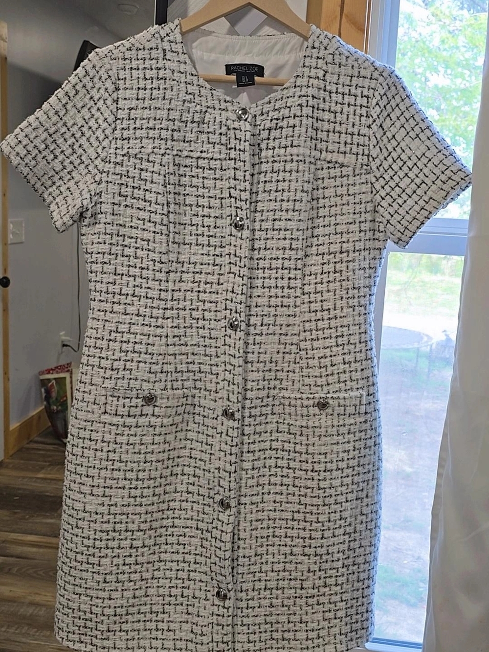 Rachel Zoe White & Black Tweed Short-Sleeve Shift Dress